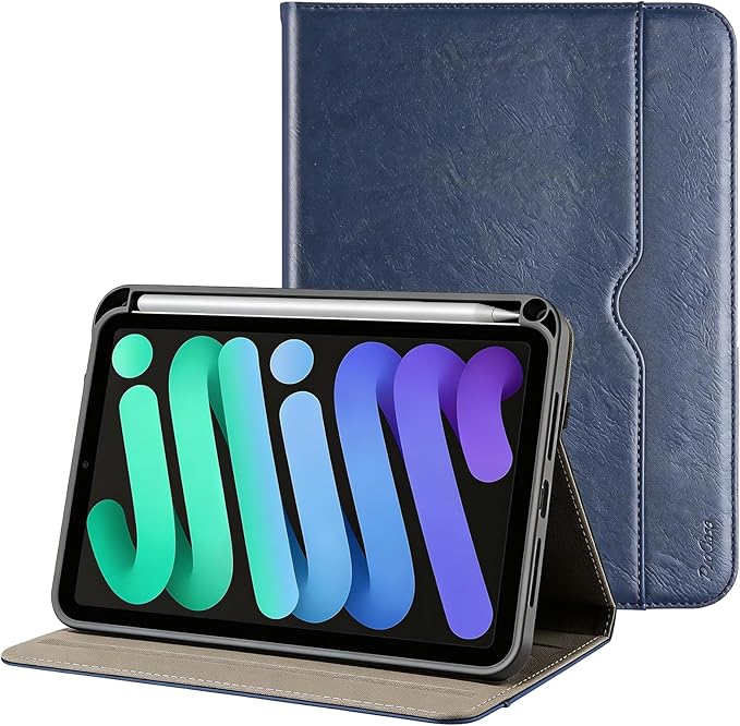 ProCase for iPad mini 7th (A17 Pro) 2024/iPad Mini 6th Generation 2021 8.3 Inch Case; Premium PU Leather Folio Business Stand Cover with Hand Strap; Pencil Holder; Front Pocket -Navy