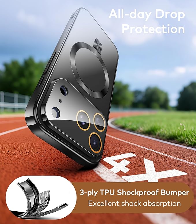 TOBOVON Magnetic for iPhone 17 Pro Max Case with Ring Stand, Fits MagSafe, with Built-in Camera Lens Protector, Slim Electroplated Shockproof Phone Cover, Black