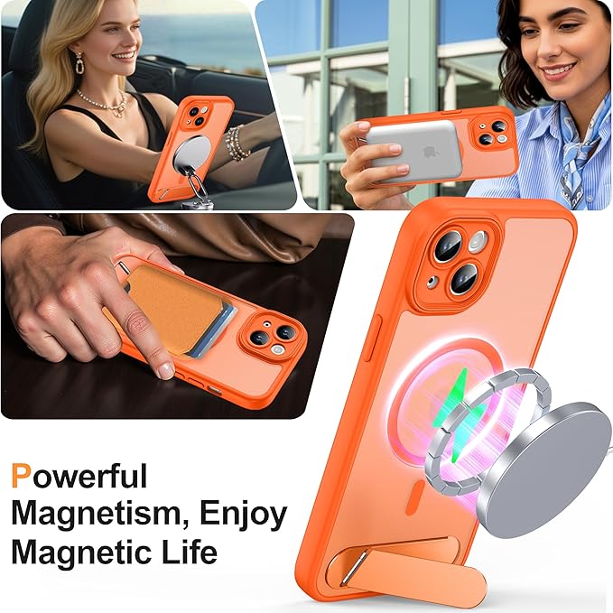 Magnetic Compatible with iPhone 15 Plus Case, [Built-in Kickstand][Full Camera Protection][Compatible with MagSafe][Anti-Fingerprint] Shockproof Phone Case for iPhone 15 Plus 6.7",Orange