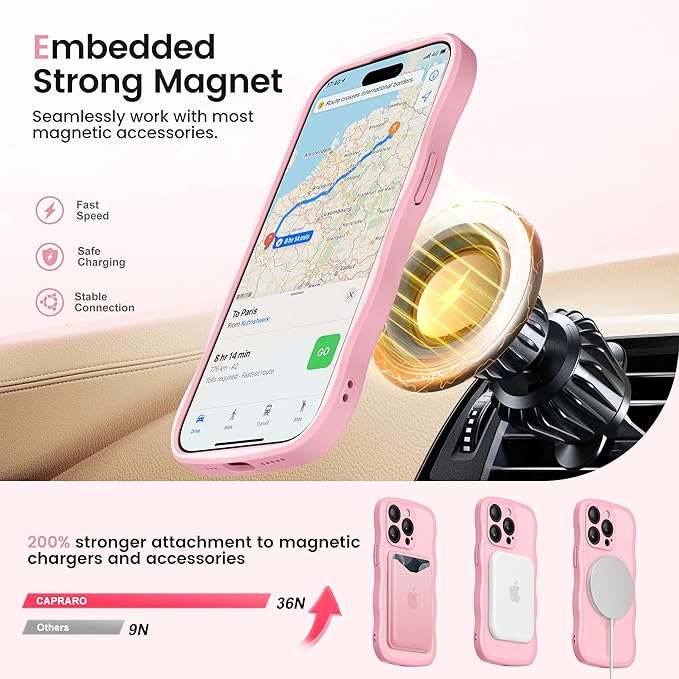 CAPRARO for iPhone 15 Pro Case with 360° Spin Magnetic Stand for Women, [Compatible with MagSafe] [Full Camera Protection] Cute Wave Translucent Matte Case for iPhone 15 Pro, Peach Pink