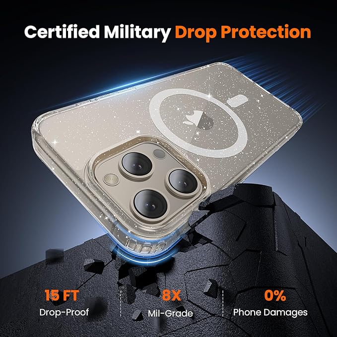 toushion 3 in 1 for iPhone 15 Pro Case Clear with MagSafe, Not Yellowing, Screen Protector*1 Camera Lens Protector*1, Military-Grade Protection for iPhone 15 Pro Phone Case 6.1 inch Clear Glitter