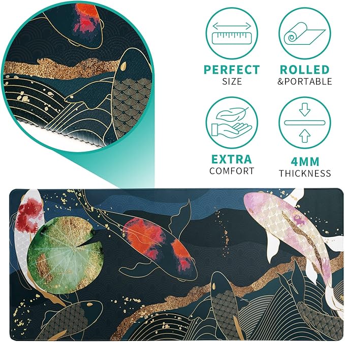 Japanese Gaming Mouse Pad XL - Extended Large Mouse Mat Desk Pad, Stitched Edges Mousepad, 3mm Thick Long Non-Slip Rubber Base Mice Pad, 31.5 X 11.8 Inch - Koi Fish Art