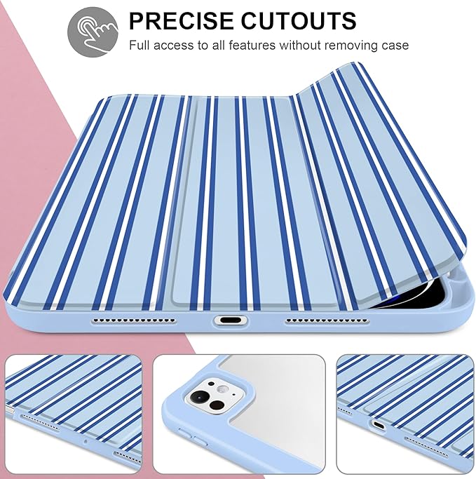 Case for iPad Pro 11 Inch (M5 2025 M4 2024) – [Built-in Pencil Holder], Shockproof & Stylish, Clear Hard Back + Soft TPU Edge, Magnetic Trifold Stand, Auto Wake/Sleep, Blue Stripes
