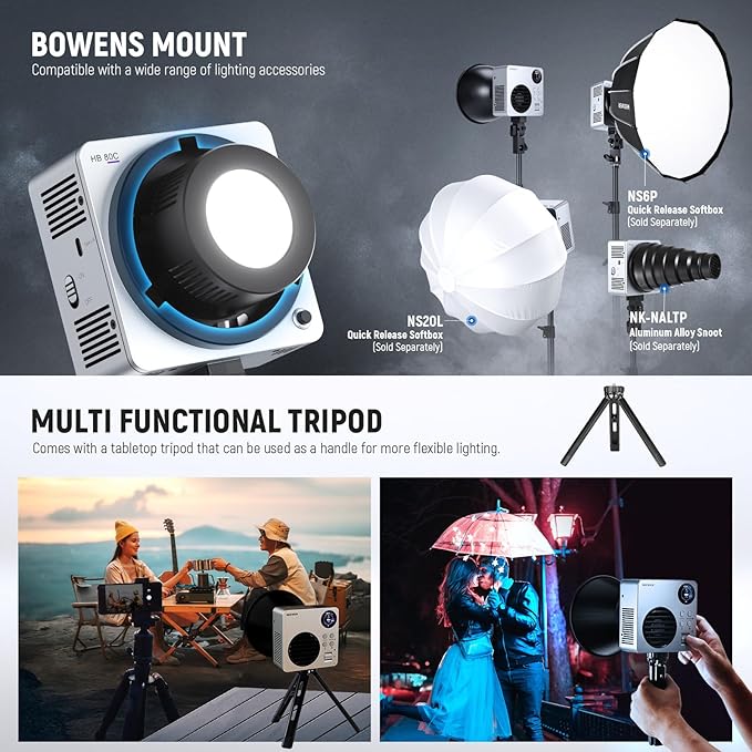NEEWER HB80C RGBWW LED Video Light with Built-in 72Wh Battery & 100W PD Fast Charging, 80W Mini RGB COB Continuous Output Lighting Bowens Mount Handheld Spotlight 2500K-7500K, 10400lux/m, 18 Effects