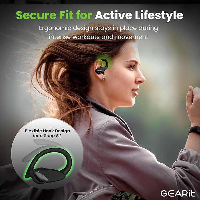 GEARit Sport Hook True Wireless Earbuds Compatible with iPhone & Android - 23H Playtime - IPX7 Water Resistant & Sweatproof - Secure Fit 5.4 Bluetooth Ear Buds - Wireless Bluetooth Earbuds for Workout