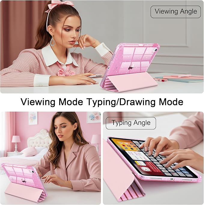 DONGKE for iPad Pro 11 inch Case – Fits M5 2025 / M4 2024, Shockproof Sparkling Glitter Acrylic Back, Pencil Holder, Trifold Stand, Auto Sleep/Wake & Touch ID Support - Pink Stripes