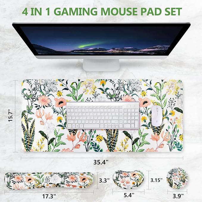 DINKY Keyboard Mouse Pad Set, Large Gaming Mousepad + Memory Foam Ergonomic Keyboard Wrist Rest Support, Easy Typing Pain Relief, 4Pcs (35.4" x 15.7") Extended Desk Mat -Beautiful Floral