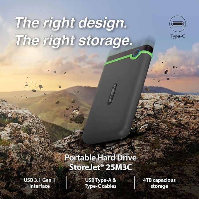Transcend StoreJet 2TB Rugged External Hard Drive, for PS4/PC/Mac/Desktop, Laptop/Xbox One/Xbox 360, USB3.1Gen1(5Gbps) Type-C Portable HDD/One Touch Auto-Backup Button/Anti-Shock Resistant-TS2TSJ25M3C