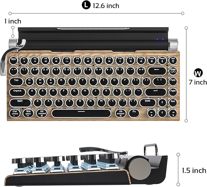 Retro Typewriter Wireless Mechanical Gaming Keyboard, Bluetooth 5.0 Office Computer Vintage Keyboards 83-Key Blue Switches Punk Round Keycap, LED Backlight, Compatible with PC/Laptop/Pad/Phone, Wood