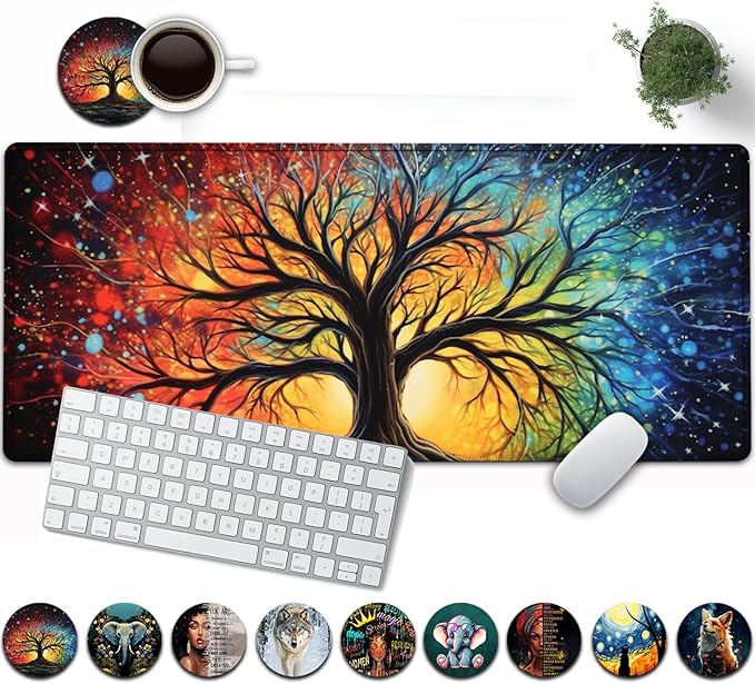 Large Mouse Pad, 31.5 x 11.8in Extended Gaming Mouse Pad with Stitched Edges, XXL Mousepad Protector Non Slip Rubber Base for Office and Home Writing Mat, Colorful Tree of Life Pattern Black Desk Mat