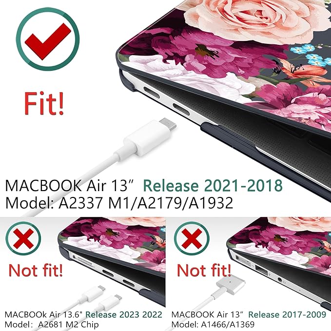 TWOLSKOO Matte Hard Shell Case Keyboard Cover Screen Protector Trackpad Protector for MacBook Air 13 inch Retina 2021 2020 2019 2018 Release Model: A2337 M1/A2179/A1932, Black Peony