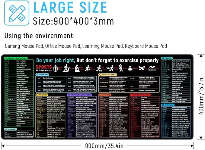 JIALONG Excel Shortcuts Large Gaming Mouse Pad Extra XXL 35.4x15.75 inches Thick Extended Excel Formulas Cheat Sheet Desk Pad Computer Keyboard Mat for MacBook, PC, Laptop, Office Home