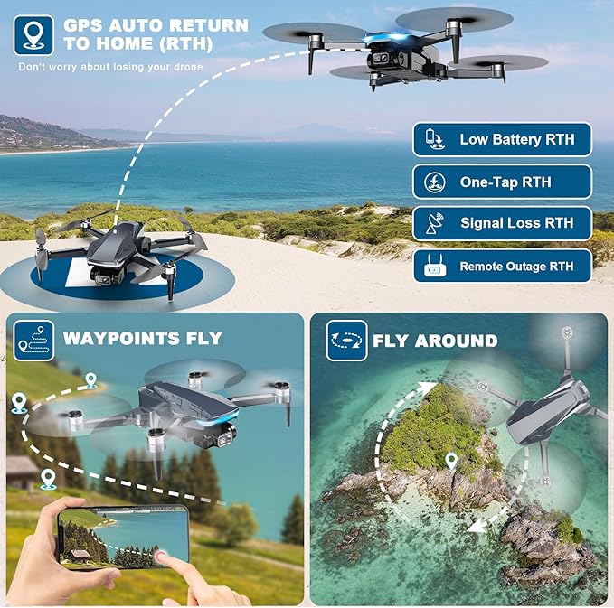 GPS Drone with Camera, 2K HD Drones for Adults, Foldable FPV Drone with GPS Auto Return, Follow Me, Circle Fly, Waypoint Fly, 5G Transmission, Gestures Selfie, Brushless Motor, 2 Batteries, Black