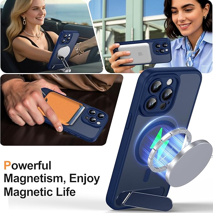 Magnetic Compatible with iPhone 15 Pro Max Case, [Built-in Kickstand][Full Camera Protection][Compatible with MagSafe][Anti-Fingerprint] Shockproof Phone Case for iPhone 15 Pro Max 6.7",Blue