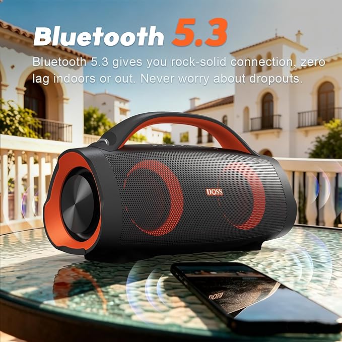 DOSS Extreme Boom Pro 100W Loud Outdoor Speaker, 2+2 Channel, IPX6 Waterproof, Bluetooth 5.3, 20H Playtime, Dynamic RGB Lights, Portable Speaker for Camping, Beach, Pool, Working Outside - Orange