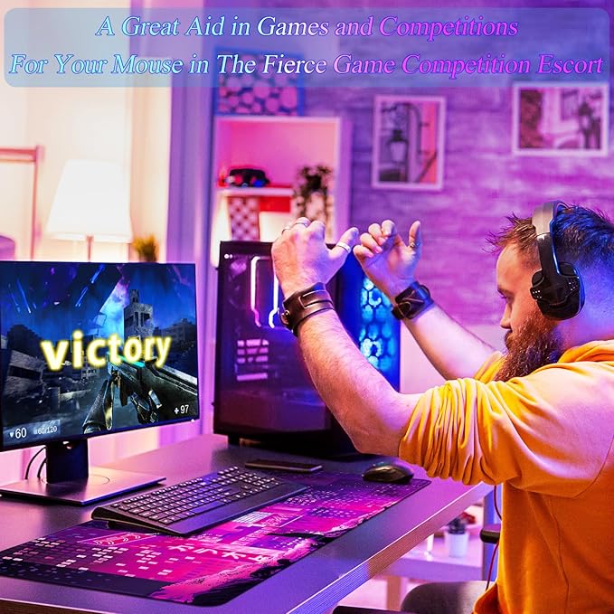 Gaming Laptop Mouse Pad,Sea Wave Big Mice Pads PC Keyboard Waterproof and Non-Slip 31.5" x 11.9" 0.12" Thick XL,XXL Rubber Table Mat, Purple Cyberpunk City Night View