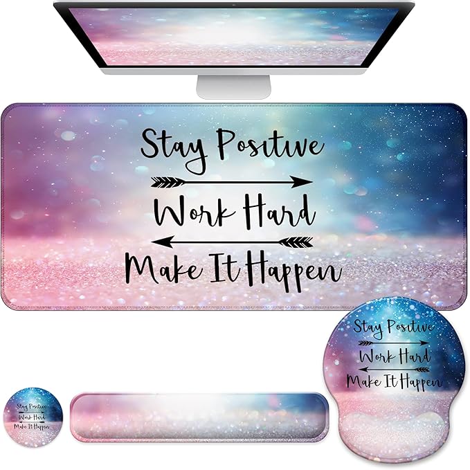 Desk Mat Set + Keyboard and Mouse Pad with Wrist Rest Support,4-in-1 Large Mousepad Computer Mats for Desktop Home & Office-Glitter Pink Blue