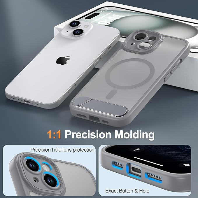 Magnetic Compatible with iPhone 15 Case, [Built-in Invisible Kickstand][Compatible with MagSafe][Full Camera Protection] Translucent Matte Phone Case for iPhone 15 6.1" Gray