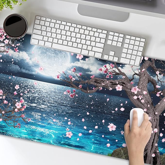 Pink Cherry Blossom Gaming Mouse Pad XXL Sakura Tree Blue Ocean Moon Night Extended Big Large Desk Mat Non-Slip Rubber Base Stitched Edge Long Keyboard Mousepad for PC Computer Laptop,35.4×15.7 in