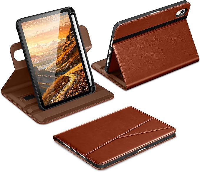 DTTO for iPad mini 7 (A17 Pro) Case, iPad mini 7th / 6th Generation Case (2024/2021), 360 Degree Rotating Premium Leather Folio Stand Cover with Pencil Holder, Brown