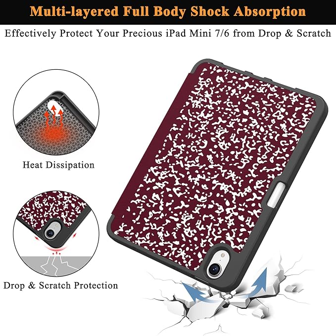 Soke Case for iPad mini 7(A17 Pro) 2024/iPad Mini 6 2021 8.3 inch with Pencil Holder-[Pencil Charging + Auto Wake/Sleep], Soft TPU Back Cover for iPad mini 7th/6th Generation(Book Wine)