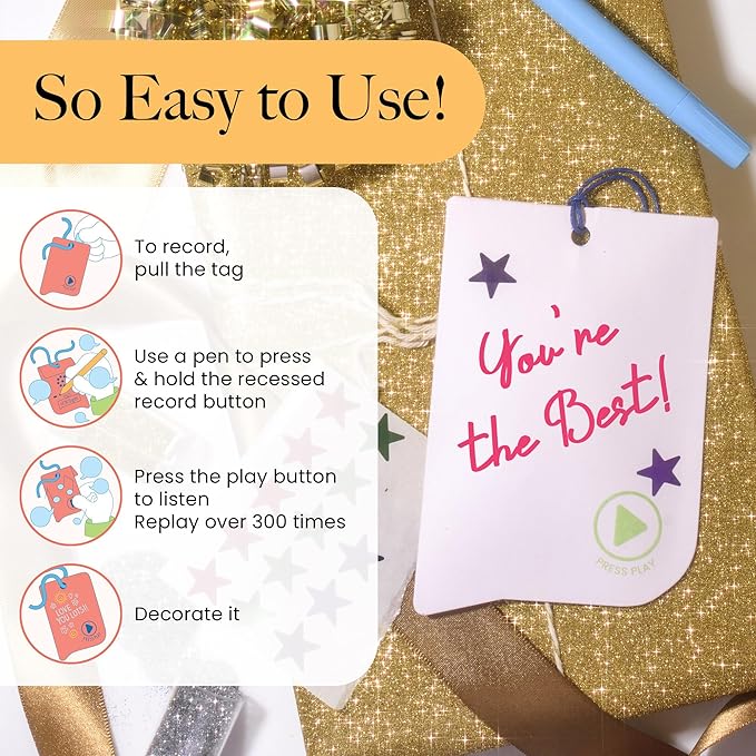 VoiceGift Tag – 1 Pack Audio Greeting Tag with Voice Recorder, Multi-message Recordable Gift Card with Playback, Record Your Own Message Card for Birthdays, Holidays & Keepsakes
