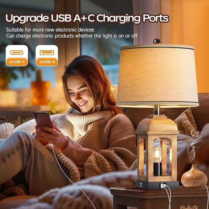 QiMH Table Lamp for Living Room, Farmhouse Lamps Set of 2 with USB A+C and Nightlight, 26" Rustic Bedside Lamps with 3-Way Dimmable Touch Control, Nightstand Lamp for Bedroom Decor, Wood Grain