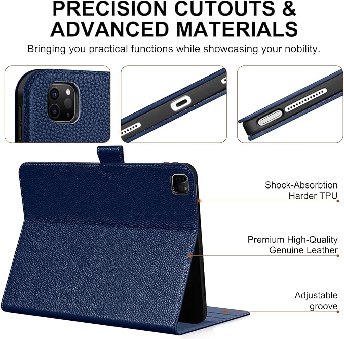Genuine Leather Case for iPad Pro 12.9 inch 6th/5th/4th/3rd Generation 2022/2021/2020/2018 | with Pencil Holder and Adjustable Stand, Magnetic Closure, Auto Wake/Sleep Cover | Blue