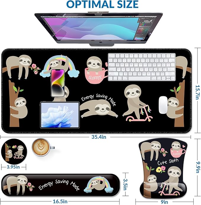 Desk Mat Set + Keyboard and Mouse Pad with Wrist Rest Support,4-in-1 Large Mousepad Computer Mats for Desktop Home & Office -Sloths