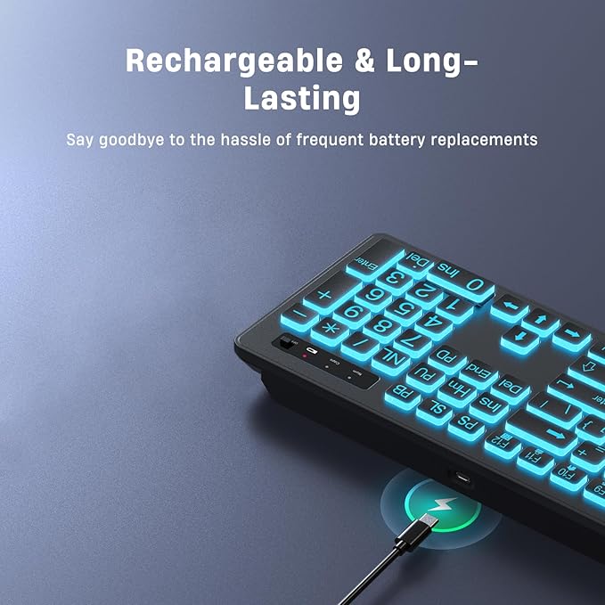 KOPJIPPOM Large Print Backlit Wireless Keyboard, 2.4G Silent Wireless Light Up Keyboard, Full Size Computer Keyboards with 7 Colored Backlits, Rechargeable Keyboards for Windows, PC, Laptop