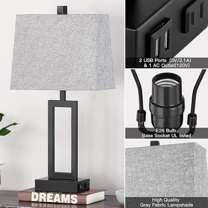 Rinweey 23.5" Touch Control Table Lamps Set of 2, Modern Bedside Lamps with USB A+C Ports & AC Outlet, 3 Way Dimmable Contemporary Nightstand Lamps for Bedroom Living Room Gray(LED Bulb Included)
