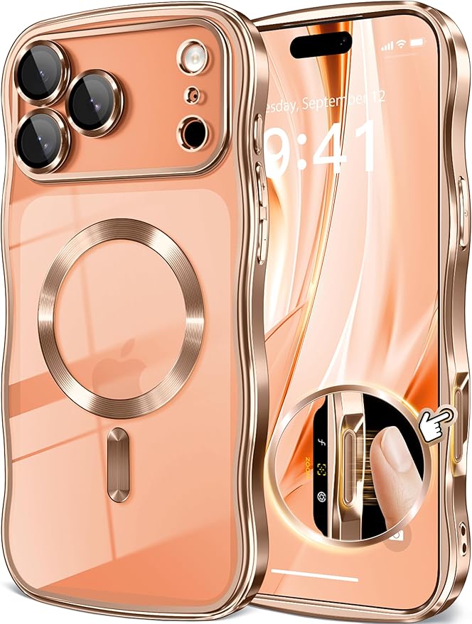 GVIEWIN for iPhone 17 Pro Max Case Compatible with MagSafe, Upgraded [Full Camera Protection][Cute Wave Frame][Military Grade Protection] Electroplated Hard Phone Cover for Women Girl,Clear/Rose Gold