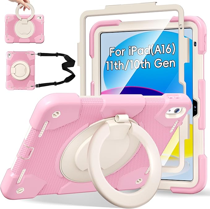 Andnary Case for iPad (A16) 11th /10th Generation 11/10.9 Inch 2025/2022 with Screen Protector/360° Rotate Stand/Shoulder Strap/Pencil Holder, Shockproof iPad 11th/10th Gen Cover (Pink+White)