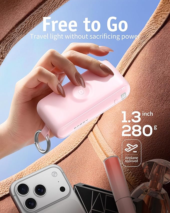 RORRY Flow Portable Charger, 10000mAh 40W Fast Charging Power Bank with Built-in USB C Cable and Foldable Wall Plug, Battery Pack Travel Essentials for iPhone 17/16/15, Apple Watch, iPad, MacBook