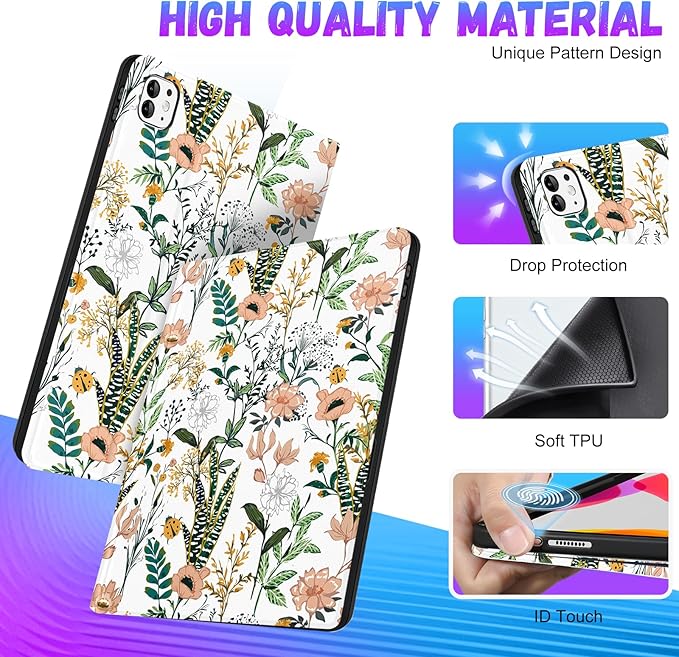 Uppuppy for iPad Pro 13 Inch Case 2024 - Women Girls Cute Folio Smart Cover with Pencil Holder Flower Floral Girly Pretty Kawaii Kids Unique for iPad Pro M4 13 Inch Cases A2925 A2926 A3007