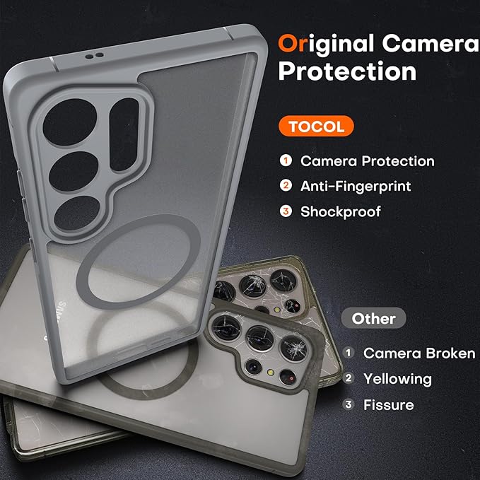 TOCOL Magnetic for Samsung Galaxy S25 Ultra Case, Upgraded Full Camera Protection, Compatible with Magsafe, Drop Protection Slime Clear Back Cover for Samsung Galaxy S25 Ultra 6.9-Inch (Gray)