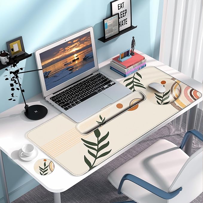 Desk Mat Set + Keyboard and Mouse Pad with Wrist Rest Support,4-in-1 Large Mousepad Computer Mats for Desktop Home & Office-Boho Leaves