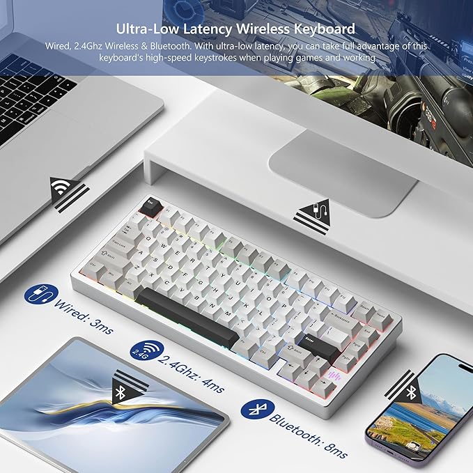 Womier RD75 Pro 75% Wireless Gaming Keyboard, Quick Release Aluminum Keyboard, QMK/VIA Tri-Mode Mechanical Key Board Custom Hot Swappable with RGB Creamy for Windows/Mac/PC - Silver