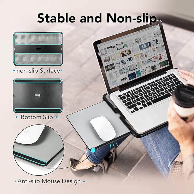 EHO Laptop Lap Pad - Laptop Stand Pad w Retractable Mouse Pad Tray, Anti-Slip Heat Shield Tablet Notebook Computer Stand Table w/Sturdy Stable Cooler Work Surface for Bed Sofa Couch or Travel