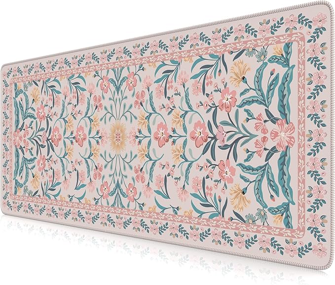 iCasso Aesthetic Floral Desk Mat, L Mouse Pads, Anti-Slip Mousepad with Stitched Edges, Waterproof Computer Pad 11.8"x31.5", Desk Accessories Office Decor for Women(Pink Floral)