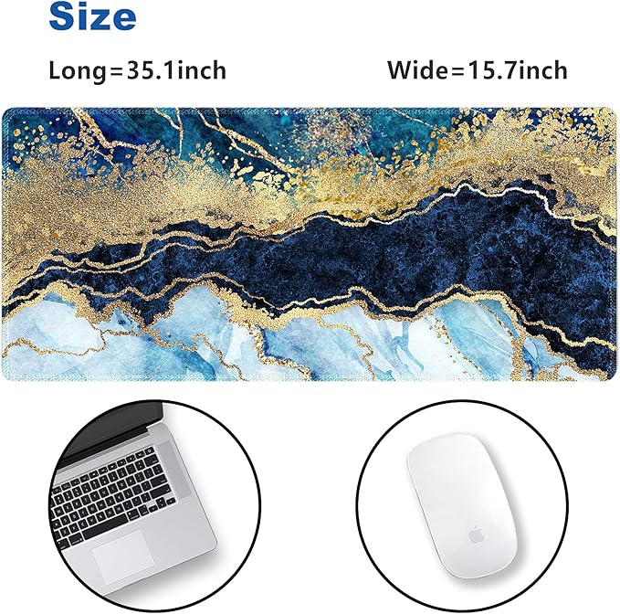 Extended Gaming Mouse Pad XXL ArtSo Large Keyboard Mat Long Mousepad Desk Decor Writing Pad Non Slip Rubber Base Stitched Edges for Work, Game, Office, Home, 35.1" x 15.7", Blue Marble
