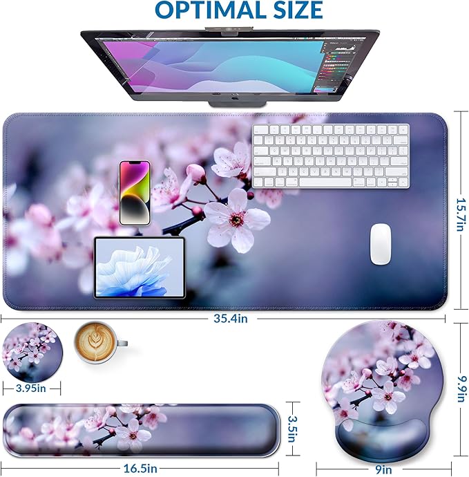 Desk Mat Set + Keyboard and Mouse Pad with Wrist Rest Support,4-in-1 Large Mousepad Computer Mats for Desktop Home & Office-Cherry Bloosom