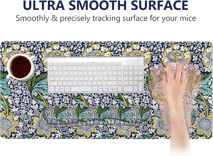DINKY Large Mouse Pad and Keyboard Wrist Rest Set, Extended Mouse Pad with Wrist Support, Non-Slip Desk Mat Protector Desk Blotter for Keyboard and Mouse, Floral Art