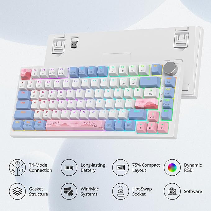 400PRO 75% Wireless Creamy Mechanical Keyboard Pink, Gasket Hot Swappable RGB Gaming Keyboard Bluetooth/2.4GHz/USB-C Cute Key Board with Pre-lubed Cream Grey Switches (82 Pink White)