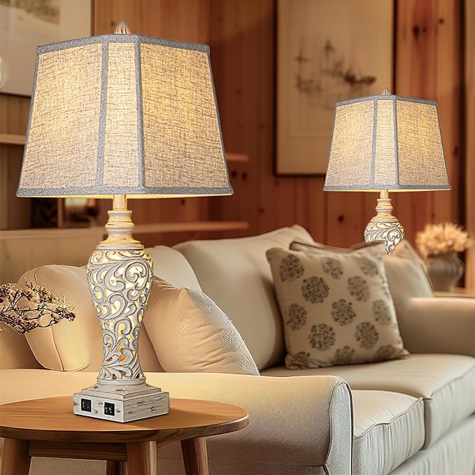LuxSight Collection 28.5" Table Lamps Set of 2 - Bedside Lamp with Fabric Shades - for Bedroom and Living Room with USB and Nightlight - Perfect for Nightstands and Bedrooms