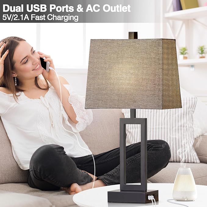 Rinweey 23.5" Touch Control Table Lamps Set of 2, Modern Bedside Lamps with USB A+C Ports & AC Outlet, 3 Way Dimmable Contemporary Nightstand Lamps for Bedroom Living Room Gray(LED Bulb Included)