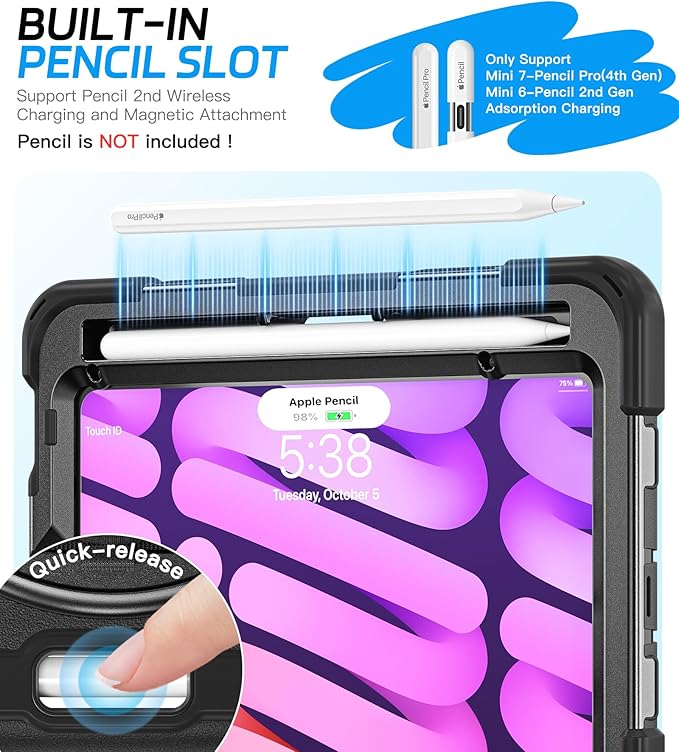 BRAECNstock Case for Apple iPad mini 7 (A17 Pro) 2024/ Mini 6 2021 8.3", Rugged Protective with Screen Protector, Pencil Holder, Rotating Hand Strap & Stand, iPad mini 7th/6th Gen Case Kids, Black