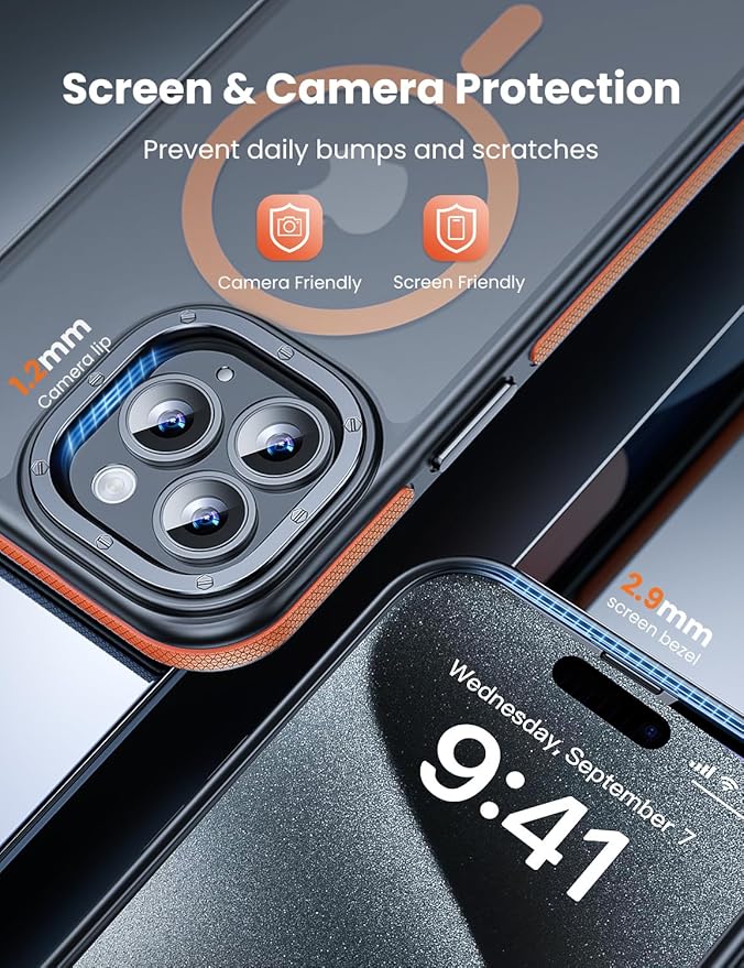 Tigowos for iPhone 15 Pro Phone Case Fits MagSafe 10FT Drop Resistant Matte Skin Feeling Back Cover for iPhone 15 Pro Case，Bumper Orange