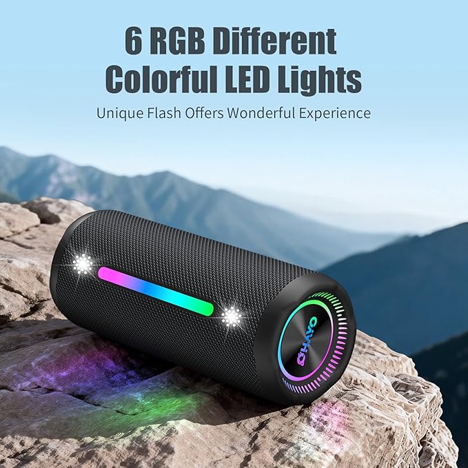 Bluetooth Speaker Wireless Loud Stereo Sound IPX7 Waterproof Outdoor Portable 25W Super Bass Speakers for Home Party Beach with 24H Playtime Colorful Lights BT 5.3 TWS Pairing Birthday Gift Black