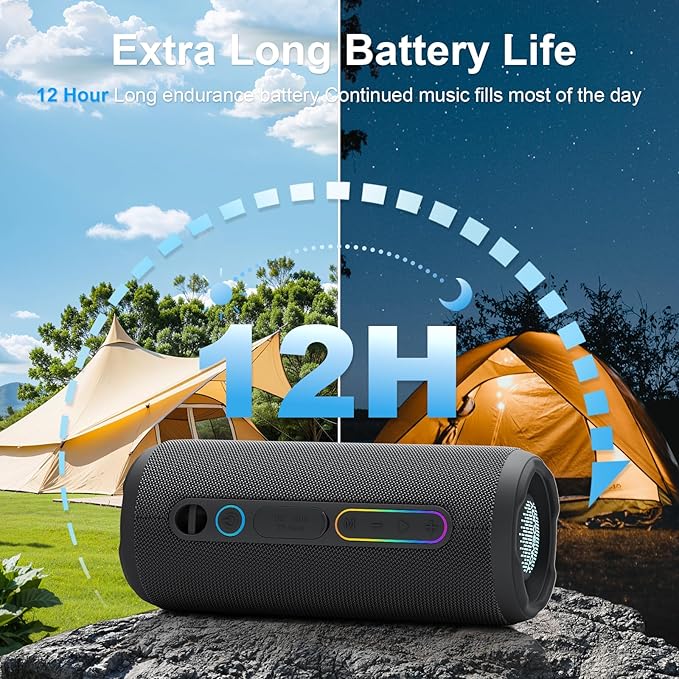Portable Bluetooth Speaker, 24W Loud Deep Bass, IPX7 Waterproof, TWS Pairing, 12H Playtime, RGB Lights, Outdoor Bluetooth Speakers for Camping, Biking, Party (Black)